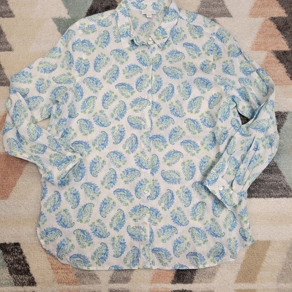 J. Jill Love Linen Blue Green Paisley Button Down Shirt Blouse Size Large - Picture 1 of 6